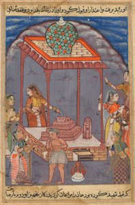 Pagina uit Verhalen van een Papegaai Tuti-nama: Vijfentwintigste nacht: De behoeftige Mukhtar..., ca. 1560 door Unbekannt