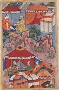 Pagina uit Verhalen van een papegaai Tuti-nama: Vierentwintigste nacht: Bashir vertrouwt zijn liefde toe, ca. 1560 door Unbekannt