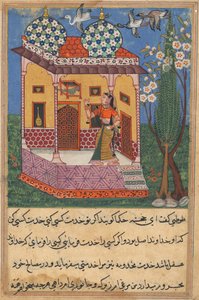 Pagina uit Verhalen van een Papegaai Tuti-nama: Zesentwintigste nacht: De papegaai spreekt Khujasta aan..., ca. 1560 door Unbekannt