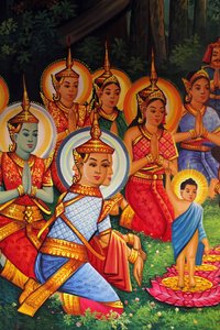 Schilderij dat de verjaardag van Boeddha (Wesak) uitbeeldt in Wat Than, Phnom Penh, Cambodja