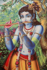 Schilderij die de hindoegod Krishna uitbeeldt terwijl hij buiten fluit speelt, India door Unbekannt
