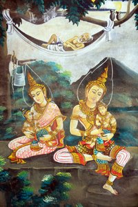 Schilderij dat het levensverhaal van Shakyamuni Boeddha afbeeldt. Wat Naxai. Vientiane. Laos, 20151106, Vientiane, Laos door Unbekannt