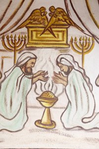 Schilderij in Onze-Lieve-Vrouw van Togo kerk: Heilige Boog, menorahs en reukaltaar, Togoville, Togo door Unbekannt