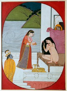Schilderij van de god Khrishna die Radha bij haar bad bekijkt, 19e eeuw door Unbekannt