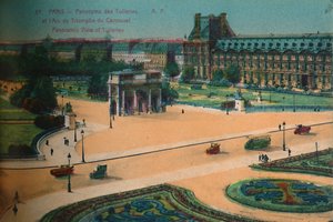 Panoramisch uitzicht op de Tuilerieën en de Arc de Triomphe du Carrousel, Parijs, ca. 1920