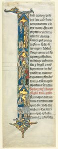 Gedeeltelijk Blad uit een Latijnse Bijbel: Initiaal I[n principio] met de Bruiloft te Kana, c. 1260-1270