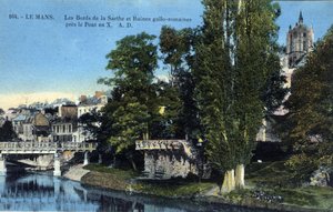Pays de la Loire, Sarthe (72), Le Mans: de oevers van de Sarthe en de Romeinse Gallo-ruïnes nabij de 