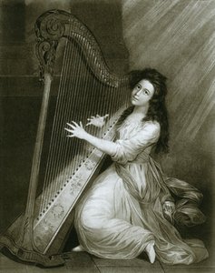 Pedalenharp met haakactie, gekleurde gravure uit het einde van de achttiende eeuw, 1948 door Unbekannt