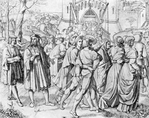 Mensen bij de ingang van een stad door Unbekannt