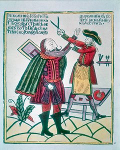Peter I, de Grote 1672-1725, Tsaar van Rusland, snijdt de baard van een Boyar-edelman af door Unbekannt