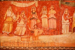 Farao en de kindertijd van Mozes, fresco afkomstig uit de Synagoge van Doura (Dura) Europos, 244-245, en bewaard in het Nationaal Museum van Damascus. Foto genomen in het Joods Museum van New York tijdens een tentoonstelling. door Unbekannt
