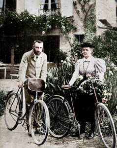 Pierre en Marie Curie, Franse natuurkundigen, bereiden zich voor om te gaan fietsen