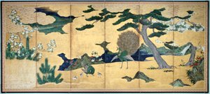 Pijnbomen en pauwen, Japanse Edo-periode, begin 17e eeuw door Unbekannt