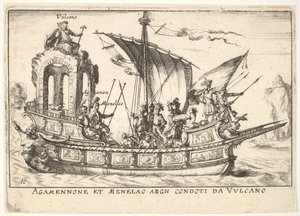 Plaat 10: Agamemnon en Menelaus zittend in een boot vergezeld door andere figuren waaronder V...