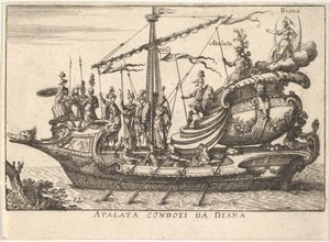Plaat 12: Atalanta geleid door Diana, vergezeld door krijgers, 1664