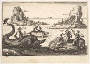 Plaat 15: Rivieren en godinnen, met drijvende eilanden geleid door paaldragers, vrouwelijke figuren... door Unbekannt