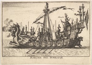 Blad 1: Schip van Hercules, met drakenkop boeg en Hercules aan boord, 1664