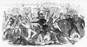 Politie chargeert relschoppers bij het Tribune-kantoor, ca. 1860s door Unbekannt