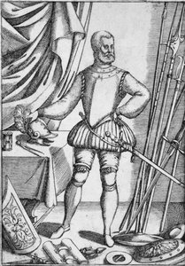 Portret van Giacomo Di Grassi, met wapens die hij zijn leerlingen leerde gebruiken, 1575, 1936