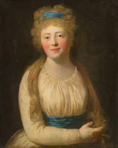 Portret van een vrouw in bleke kleding met een blauw lint in haar haar