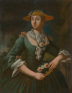 Portret van een vrouw met een hoed met bloemen door Unbekannt