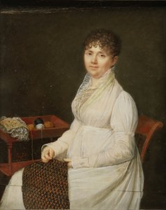 Portret van een vrouw met wandtapijtwerk door Unbekannt