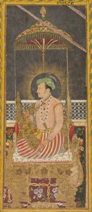 Postuum portret van keizer Jahangir onder een baldakijn recto, kalligrafie verso, ca. 1650