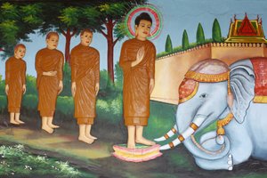 Preah Prom Rath Klooster, Leven van de Boeddha, Een wilde olifant getemd door Liefdevolle Vriendelijkheid, Siem Reap, Cambodja