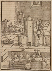 Voorbereiding van vloeistoffen gebruikt voor het extraheren van zilvererts uit gouderts - Gravure uit Beschrijving van mineralen en de belangrijkste mijnbouwmethoden, van Lazarus Ecker