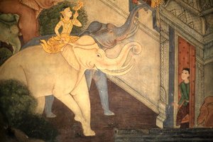Prins Rama. Muurschildering detail op de binnenmuren van de Vihara uit het tijdperk van koning Rama III die de Ramakian uitbeeldt. Wat Pho - Wat Phra Chettuphon. 1788, Bangkok, Thailand