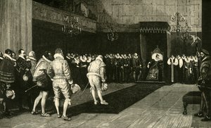 Koningin Elizabeth ontvangt de Franse ambassadeurs na het bloedbad van St. Bartholomeus, 1890