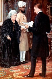 Koningin Victoria luistert naar een bericht van het front tijdens de Boerenoorlog, 1899-1901 door Unbekannt