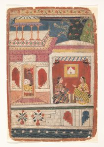 Radha en haar vertrouweling zitten in een open kamer: Blad uit een verspreide Rasikapriya, ca. 1680-90