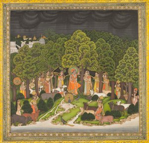 Radha en Krishna ontmoeten elkaar in het bos tijdens een storm, ca. 1770