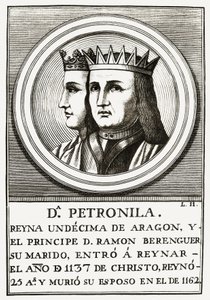 Raimond Berenger IV van Barcelona en Petronilla Koningin van Aragon, gravure. door Unbekannt