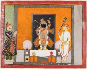 Raja Ram Singh aanbidt Krishna als Brij Nathji de bruidegom, c. 1820 door Unbekannt
