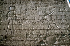 Ramses III slaat zijn vijanden voor Amun-Ra, Dodentempel, Medinat Habu, Egypte door Unbekannt