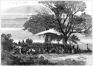 Het ultimatum lezen aan de oevers van de Tugela, de Zoeloe-oorlog in het zuiden