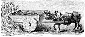 Reconstructie van maaimachine gebruikt in Gallië in de Oud-Romeinse tijd, zoals beschreven door Plinius, ca. 1890