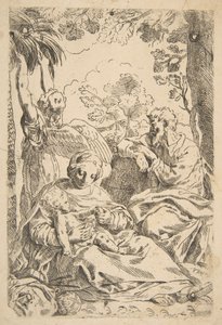 Rust in Egypte, Heilige Familie zittend terwijl een engel aan boomtakken trekt, ca. 1637-1639 of later