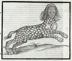 Representatie van het wezen Lamia (Sybaris) Gravure uit 