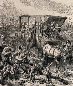 Het redden van gewonde Russische soldaten van het slagveld, ca 1878