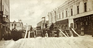 Revolutionaire barricades op Seleznevskaya Street, Moskou, tijdens de opstand