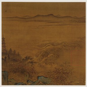 Rivierlandschap: een pagode, schuimende stroomversnellingen, verre heuvels, Ming-dynastie, 1368-1644 door Unbekannt