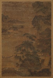 Rivierlandschap: bergen, pijnbomen en gebouwen, Ming dynastie, 1368-1644 door Unbekannt