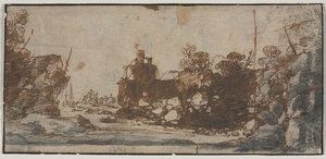 Rotsachtige Inham met Boten en Gebouwen recto, 1600s