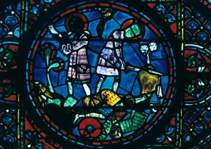 Roland breekt zijn zwaard en blaast op zijn hoorn, glas-in-lood, kathedraal van Chartres, Frankrijk, 1194-1260