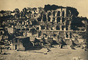 Rome - De ruïnes van het huis van Caligula toren boven het huis van de Vestaalse Maagden, 1910