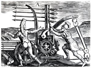 Romeinse soldaten die een oorlogsmachine gebruiken die meerdere pijlen afvuurt, 1605