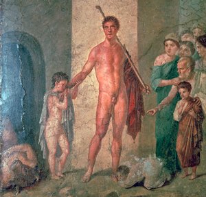Romeinse muurschildering van Theseus na het doden van de Minotaurus, 1e eeuw